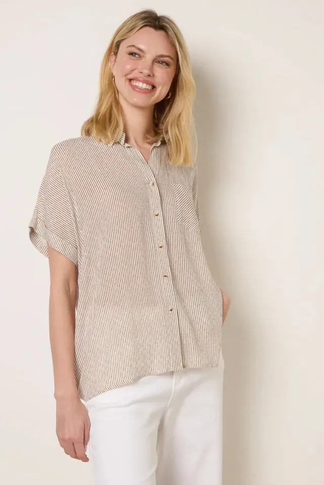 Blue Vanilla Stripe Camicia Taupe Bottoni Manica Corta
