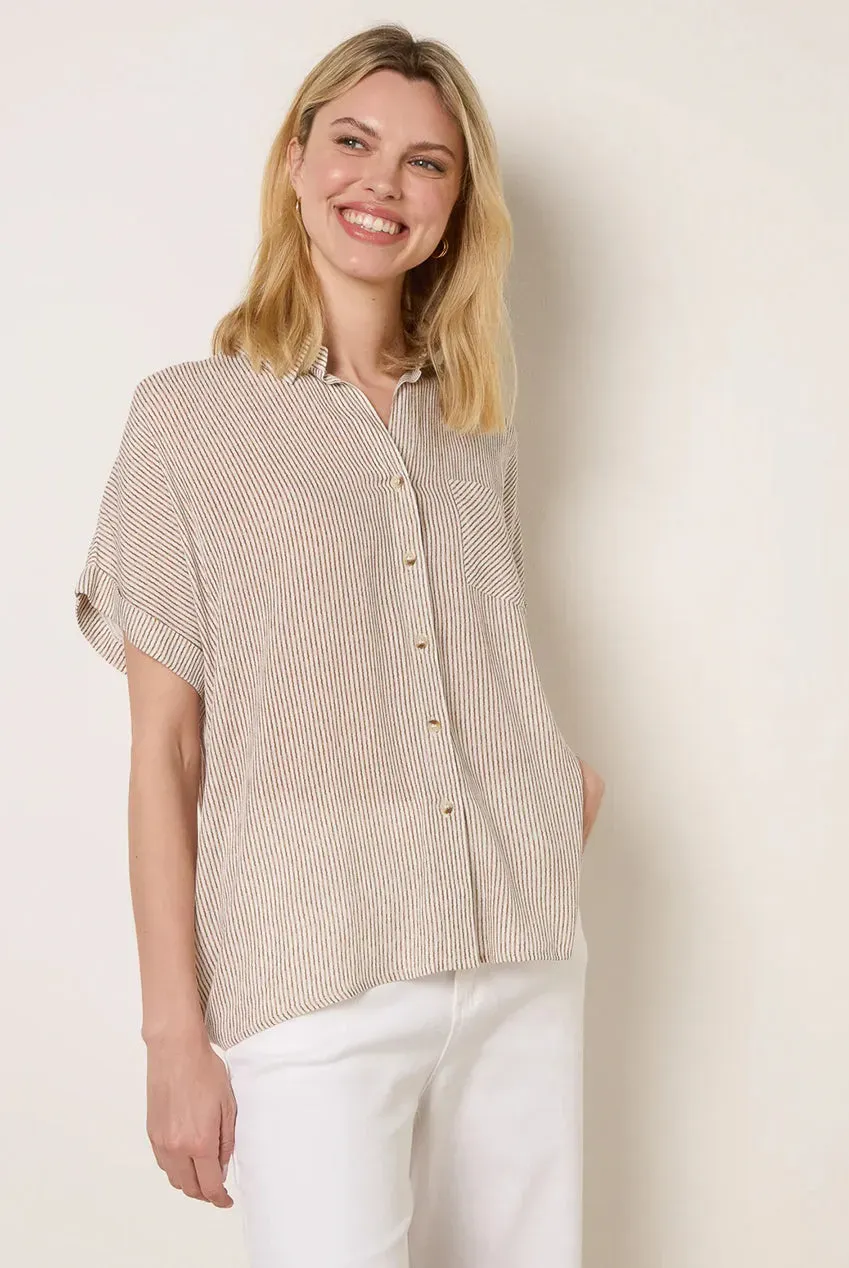 Blue Vanilla Stripe Camicia Taupe Bottoni Manica Corta