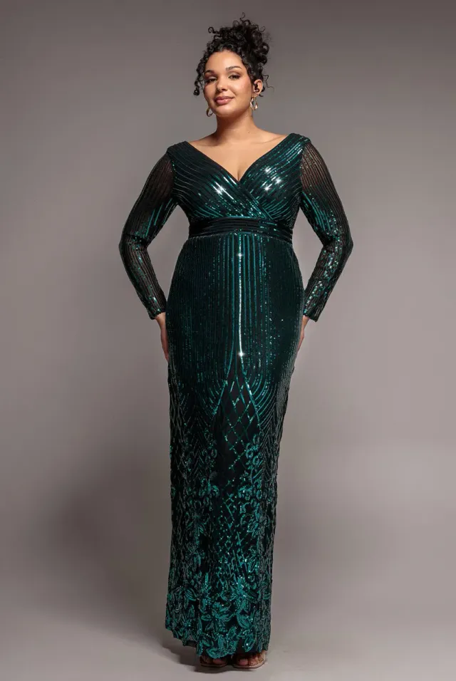 Goddiva Plus DR3485 abito maxi paillettes verde smeraldo
