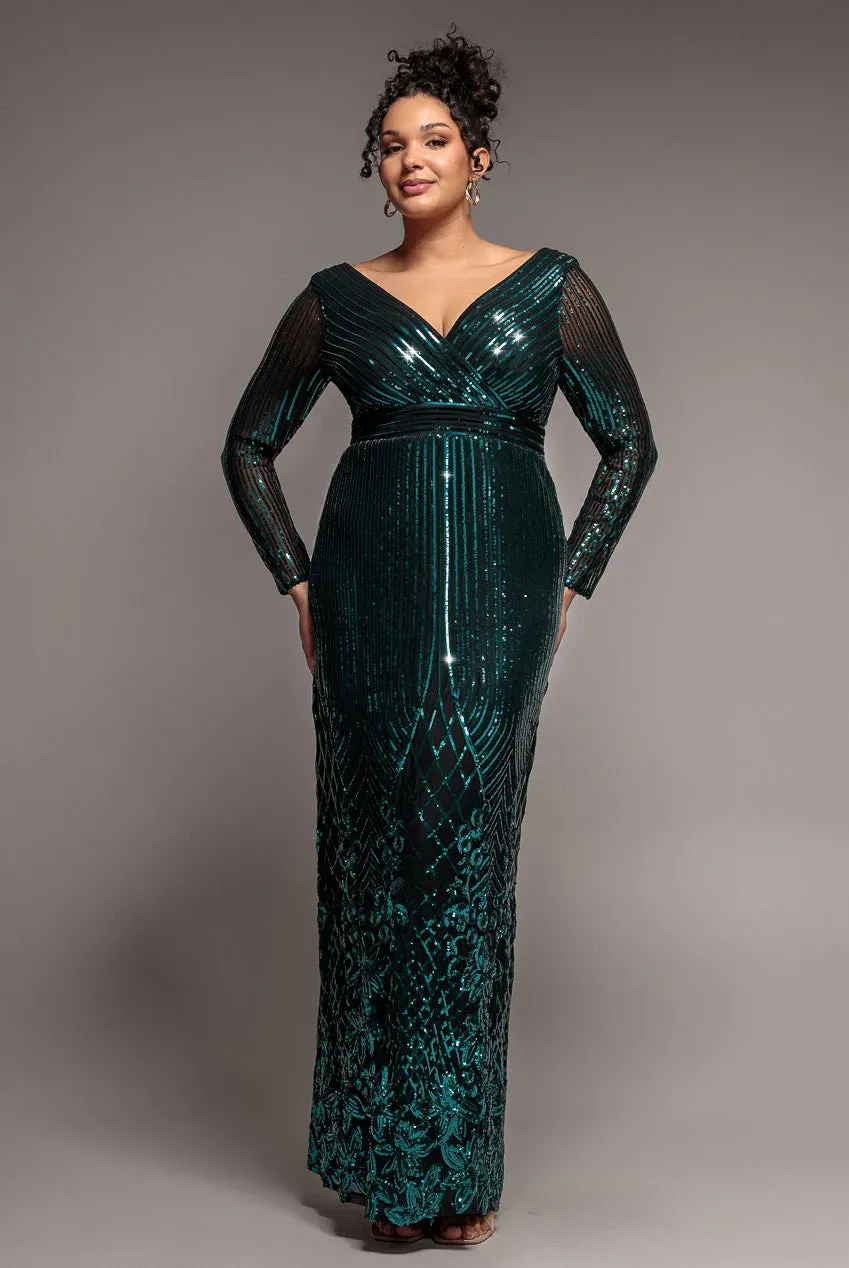 Goddiva Plus DR3485 abito maxi paillettes verde smeraldo