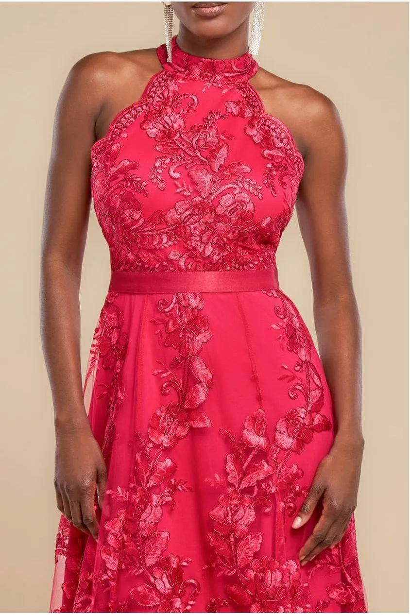 Goddiva Halter Neck Lace abito pizzo magenta asimmetrico