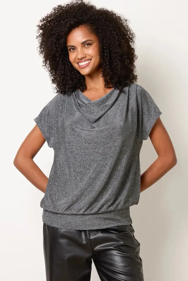Blue Vanilla Draped top argentato scollo sciallato metallico