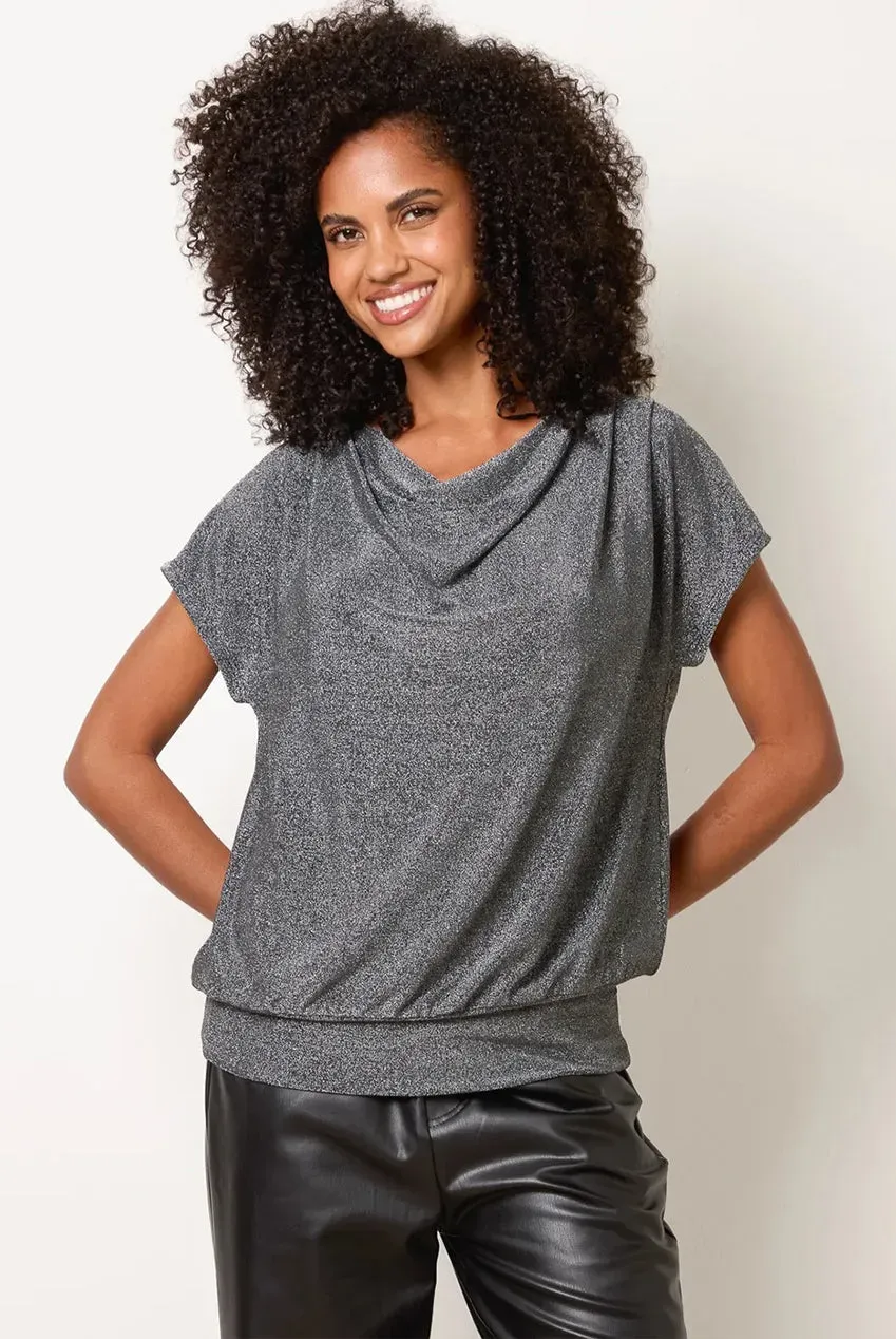 Blue Vanilla Draped top argentato scollo sciallato metallico
