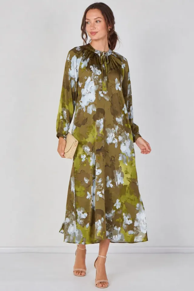 Love Sunshine Watercolour Floral abito maxi khaki manica lunga