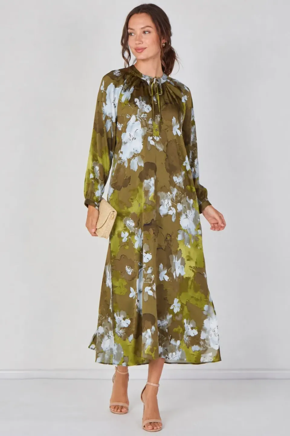 Love Sunshine Watercolour Floral abito maxi khaki manica lunga