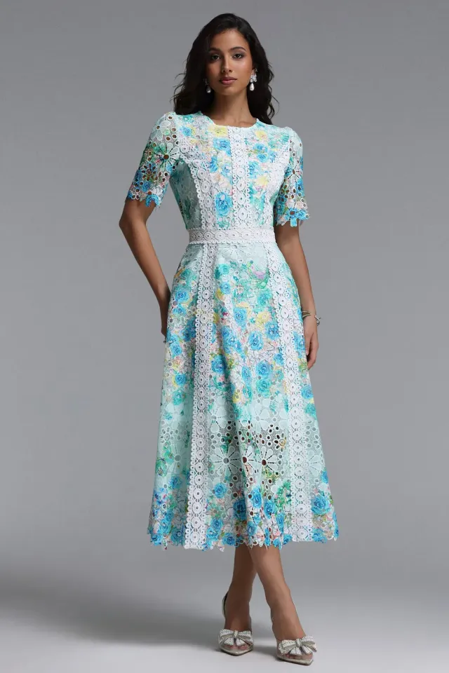 Bella Barnett Pillose abito maxi pizzo verde floreale