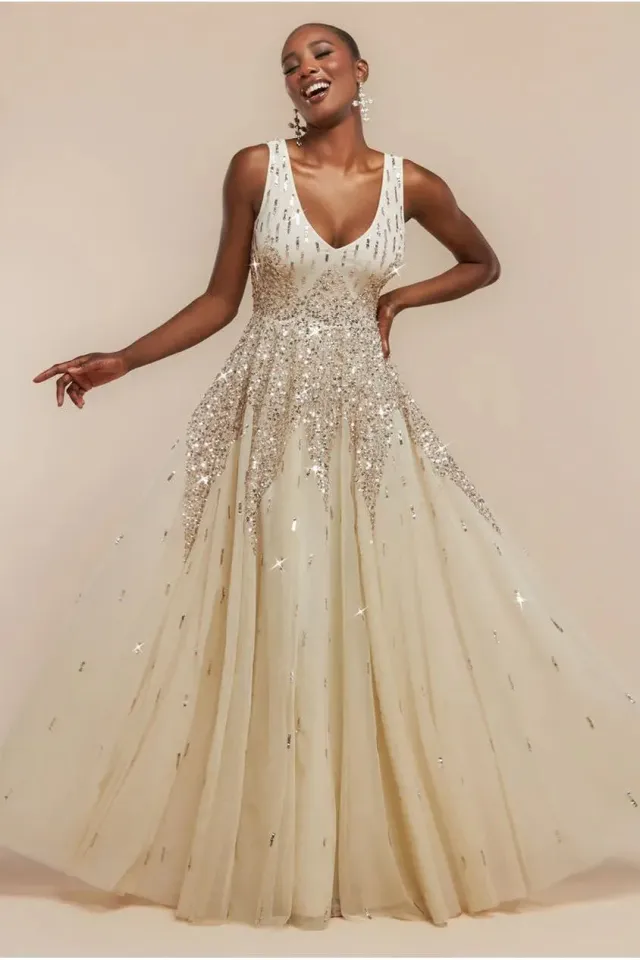 Goddiva Sunray abito lungo paillettes avorio