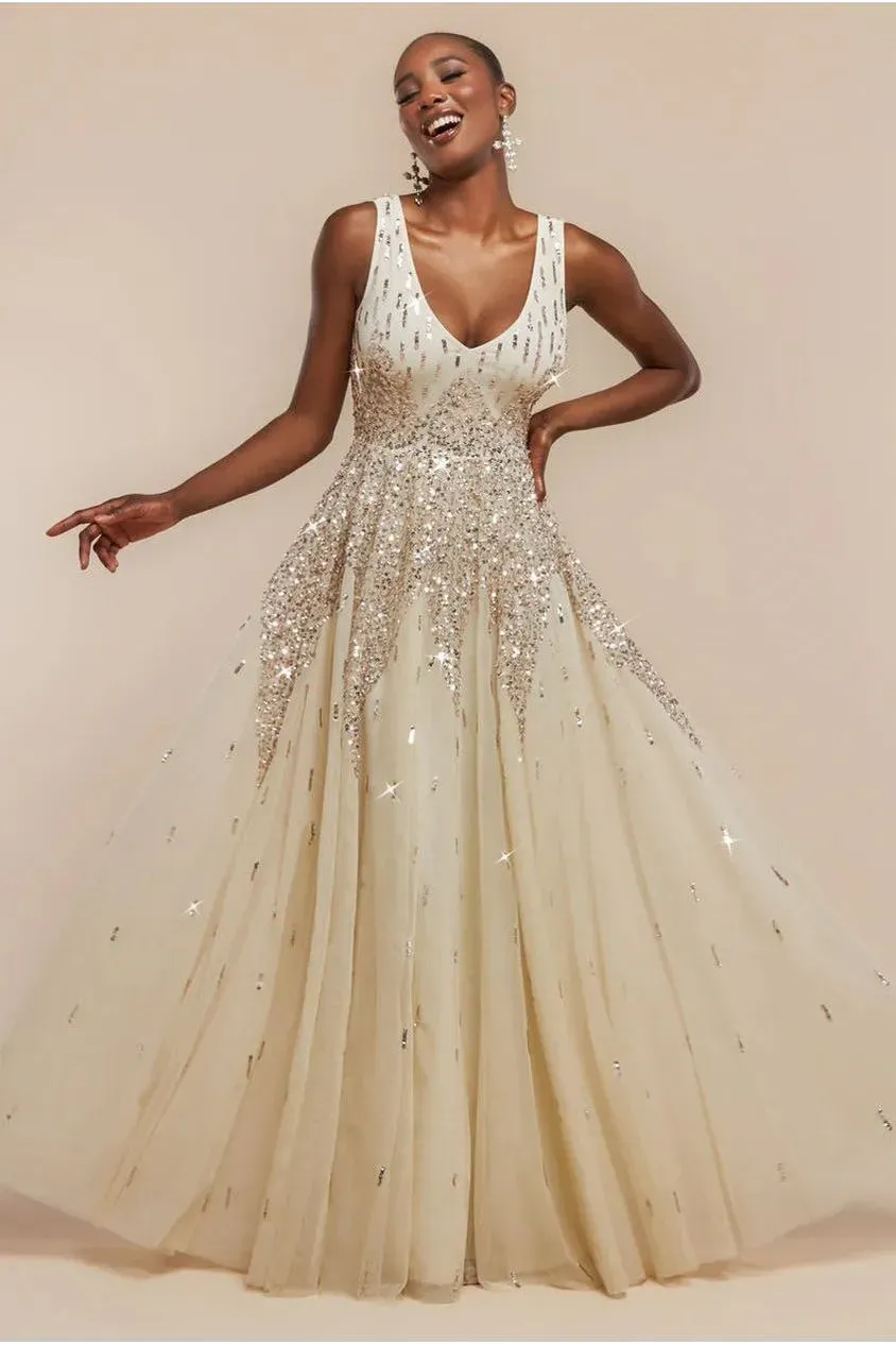 Goddiva Sunray abito lungo paillettes avorio