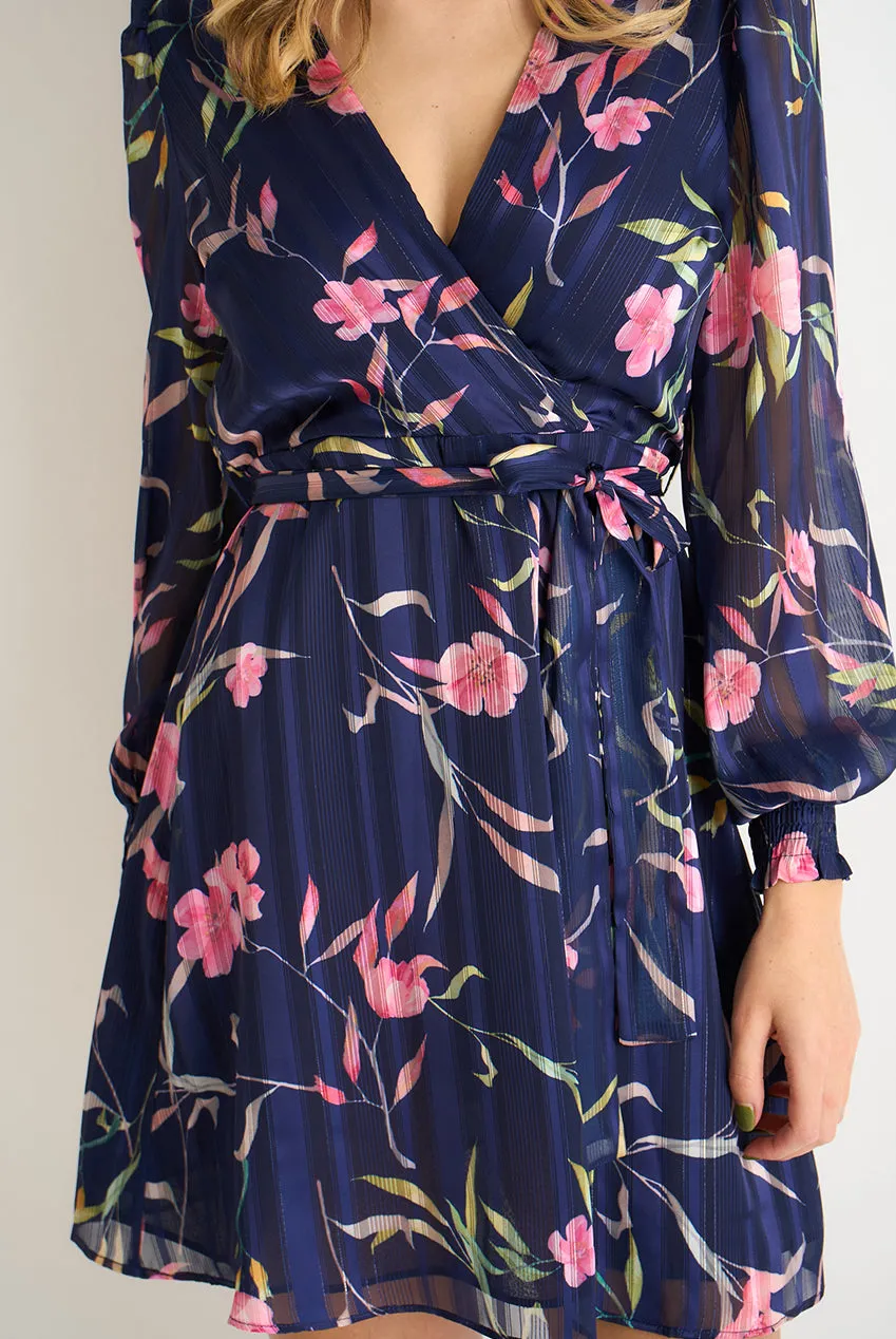 Gini London Abito Mini Wrap Navy Floreale Chiffon
