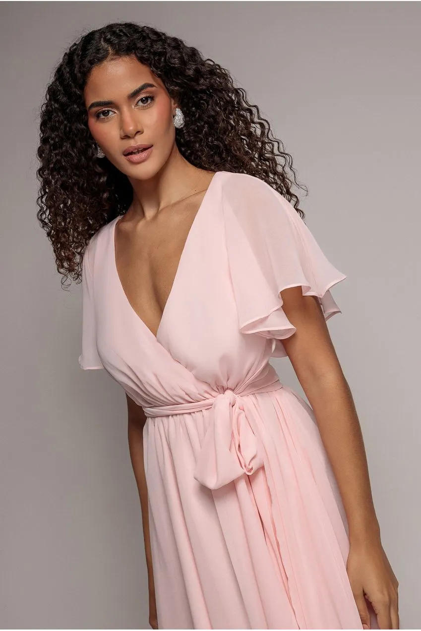 Goddiva Flutter Sleeve Wrap mini abito rosa chiffon