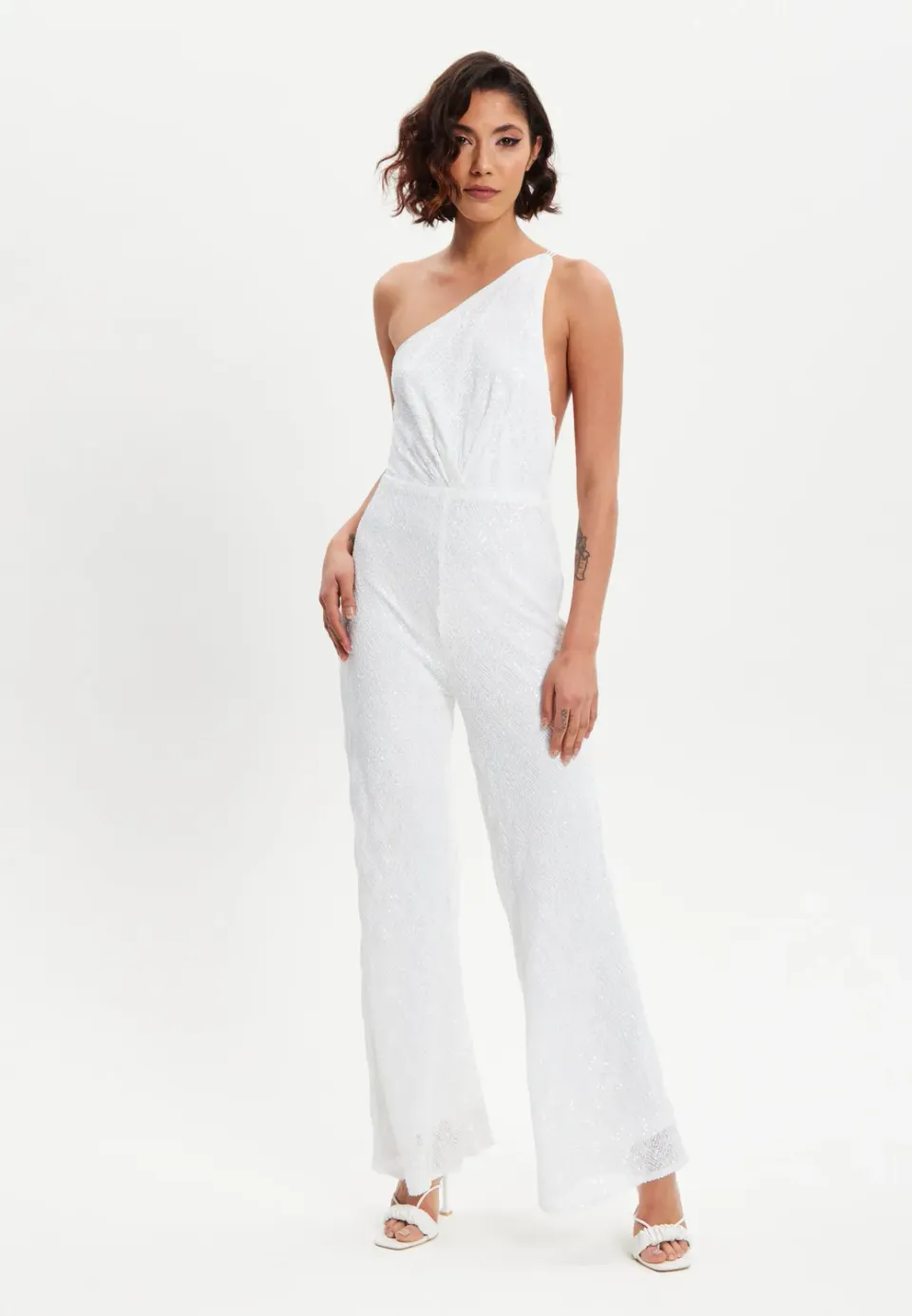 Liquorish One Shoulder Backless tuta bianca paillettes monospalla