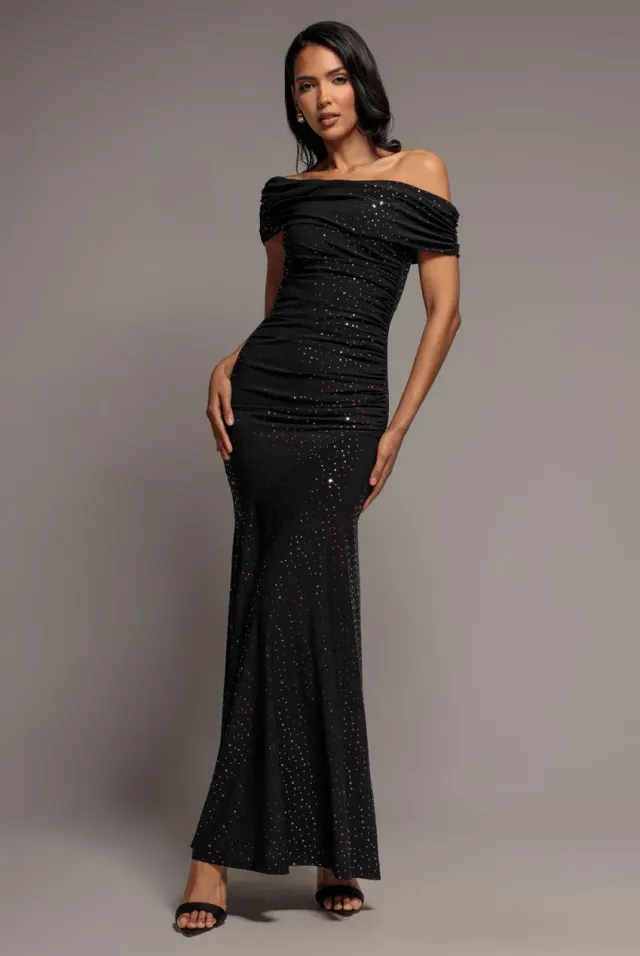 Goddiva One Shoulder abito lungo nero rame paillettes