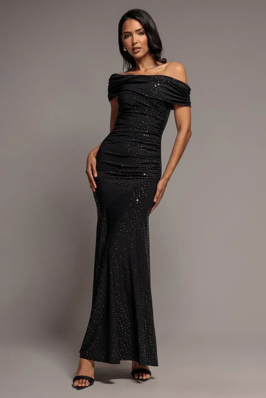 Goddiva One Shoulder abito lungo nero rame paillettes