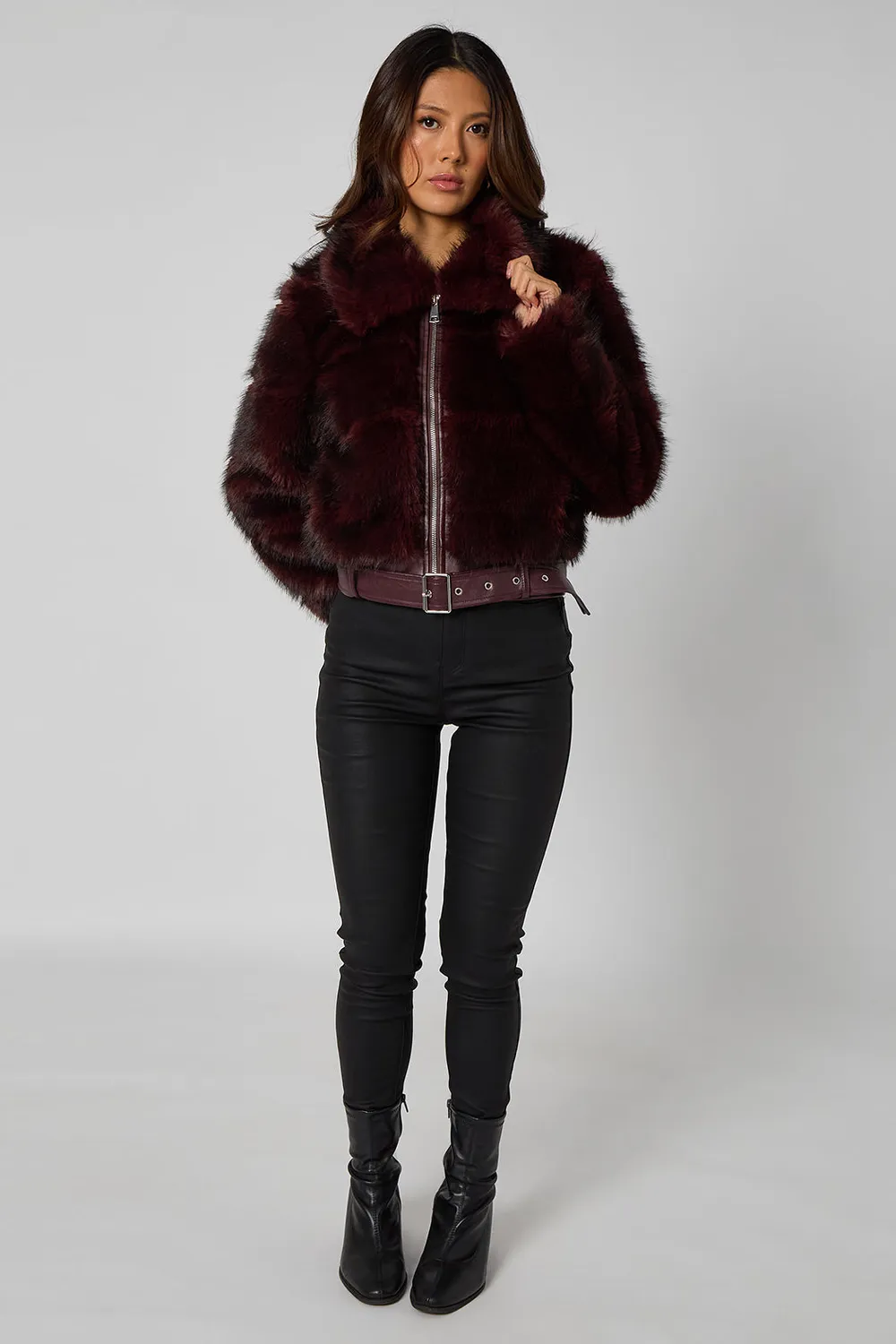 Urban Bliss Cut Faux Fur giacca bomber prugna cintura