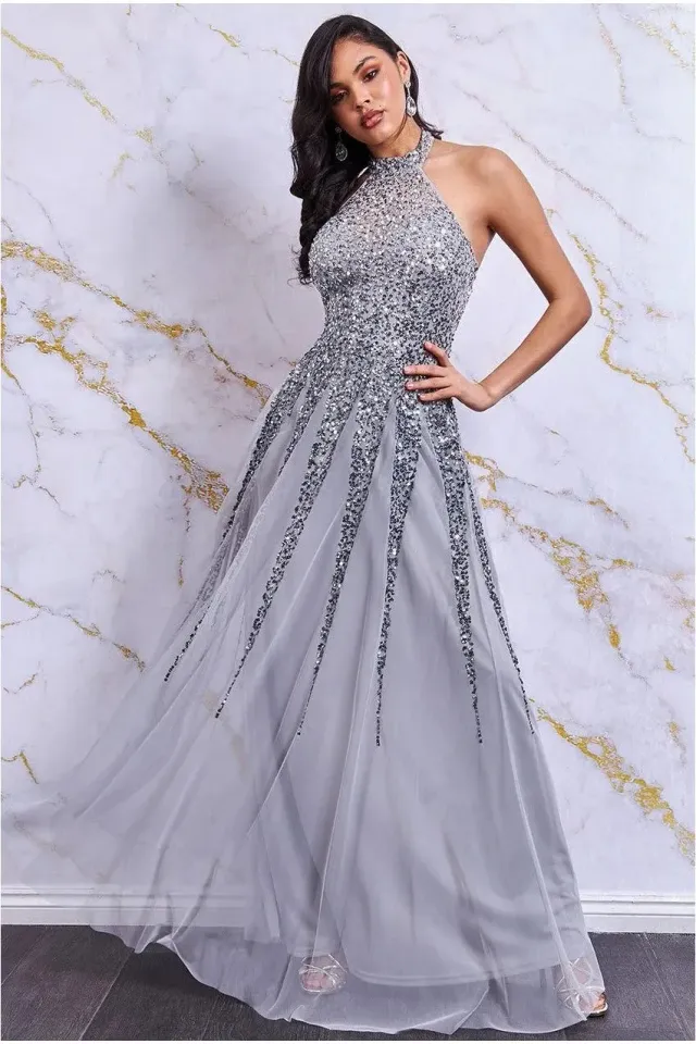 Danaya abito maxi paillettes argento schiena aperta