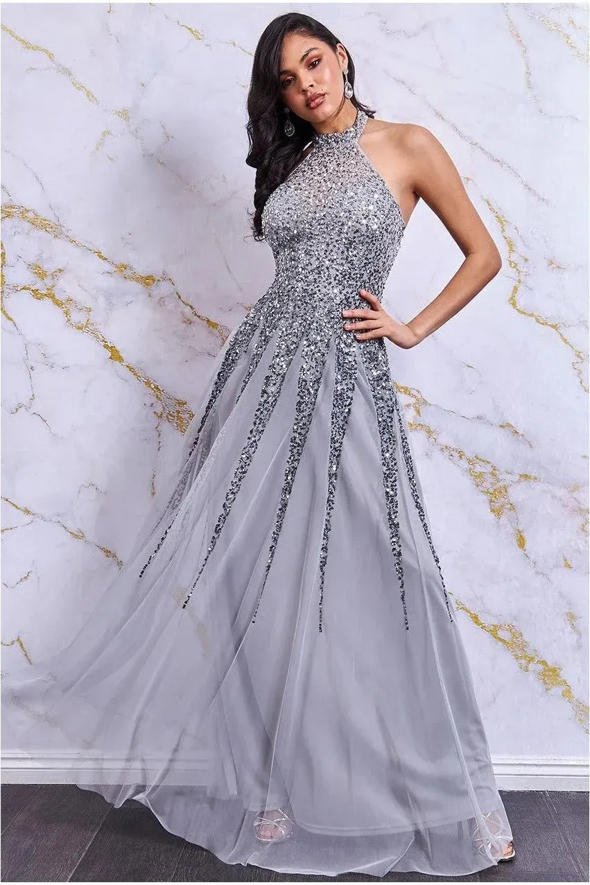Danaya abito maxi paillettes argento schiena aperta