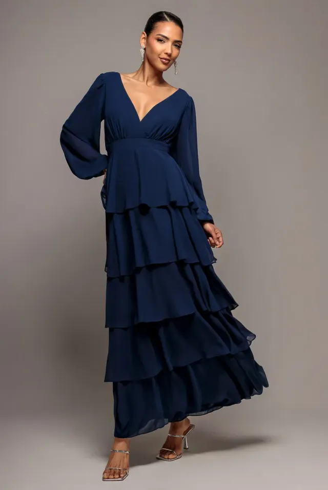 Goddiva Tiered Chiffon abito blu navy incrocio maniche lunghe