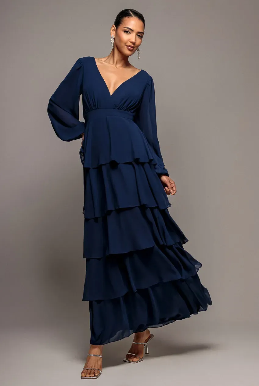 Goddiva Tiered Chiffon abito blu navy incrocio maniche lunghe