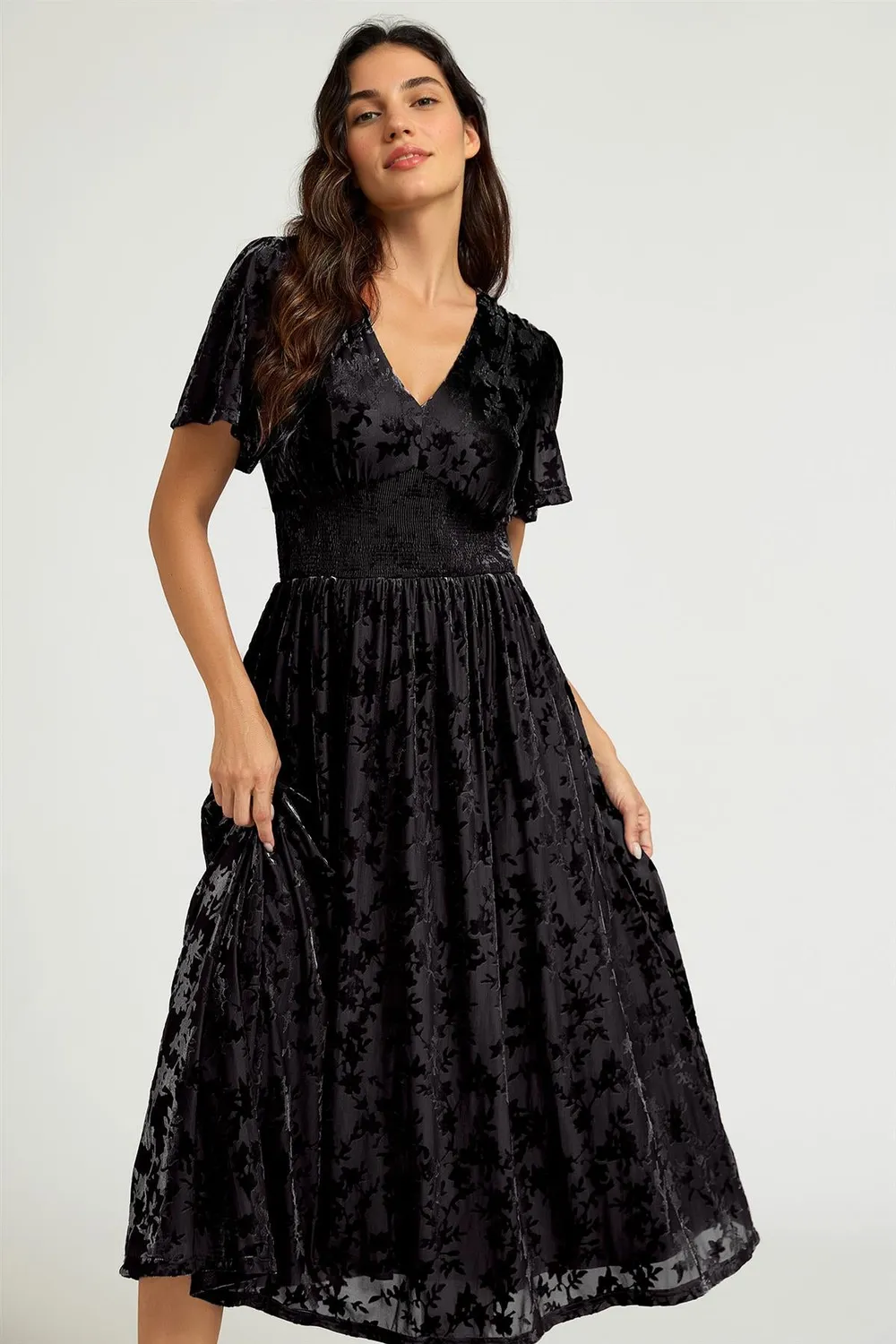 FS Collection Velvet Burnout abito nero midi scollo V