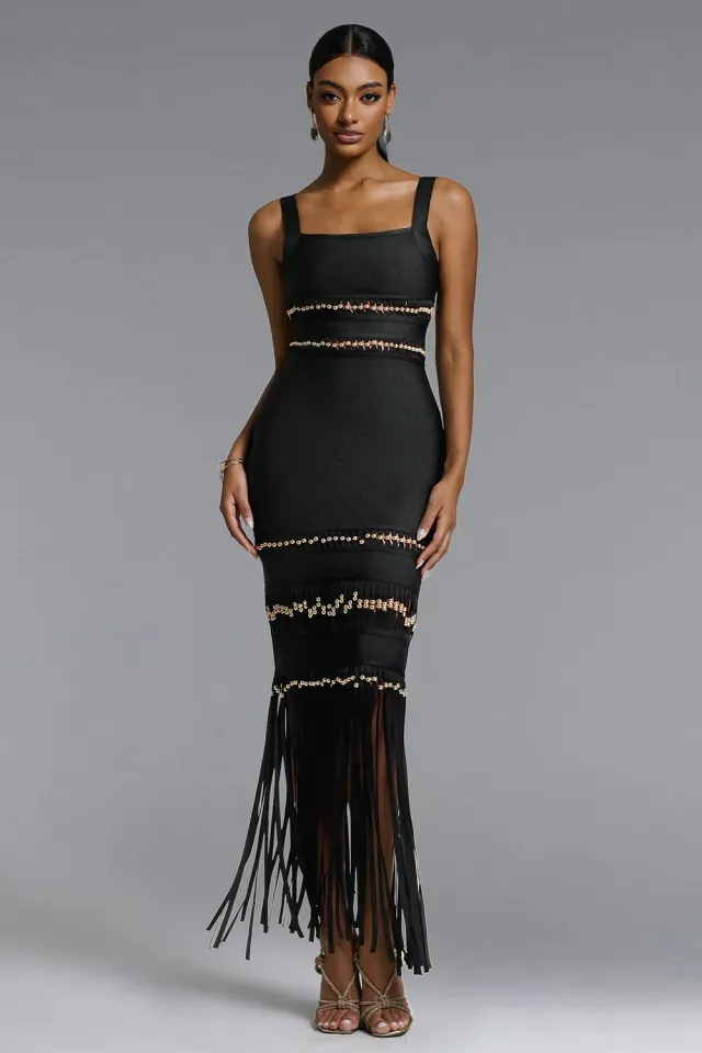 Goddiva Bella Barnett Shanley abito lungo nero L con frange