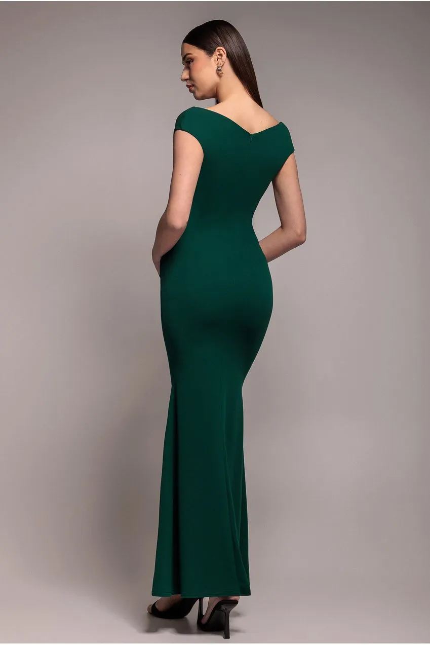 Goddiva Bardot abito maxi verde smeraldo plissettato