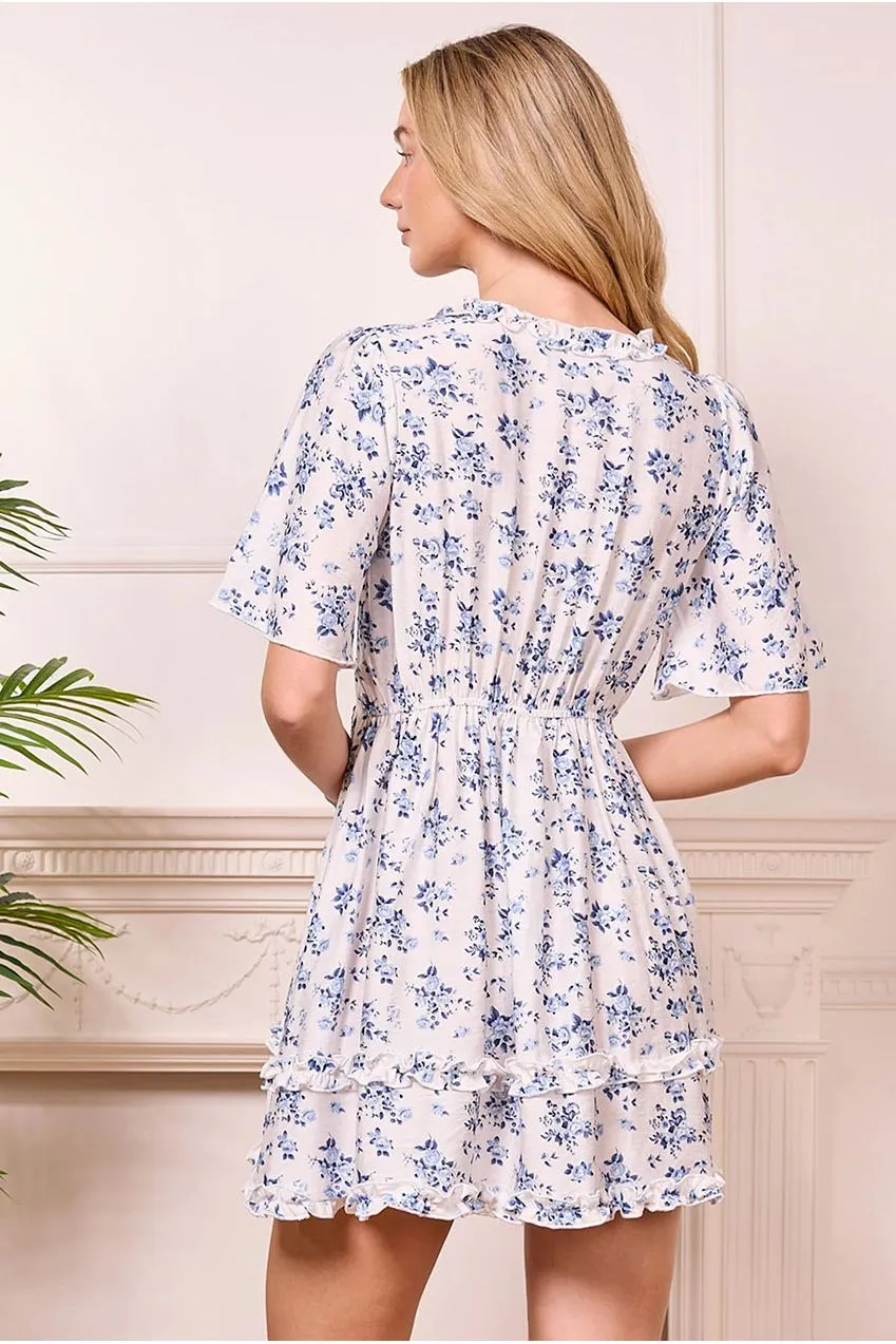 Angeleye Floral mini abito bianco fiori blu maniche corte