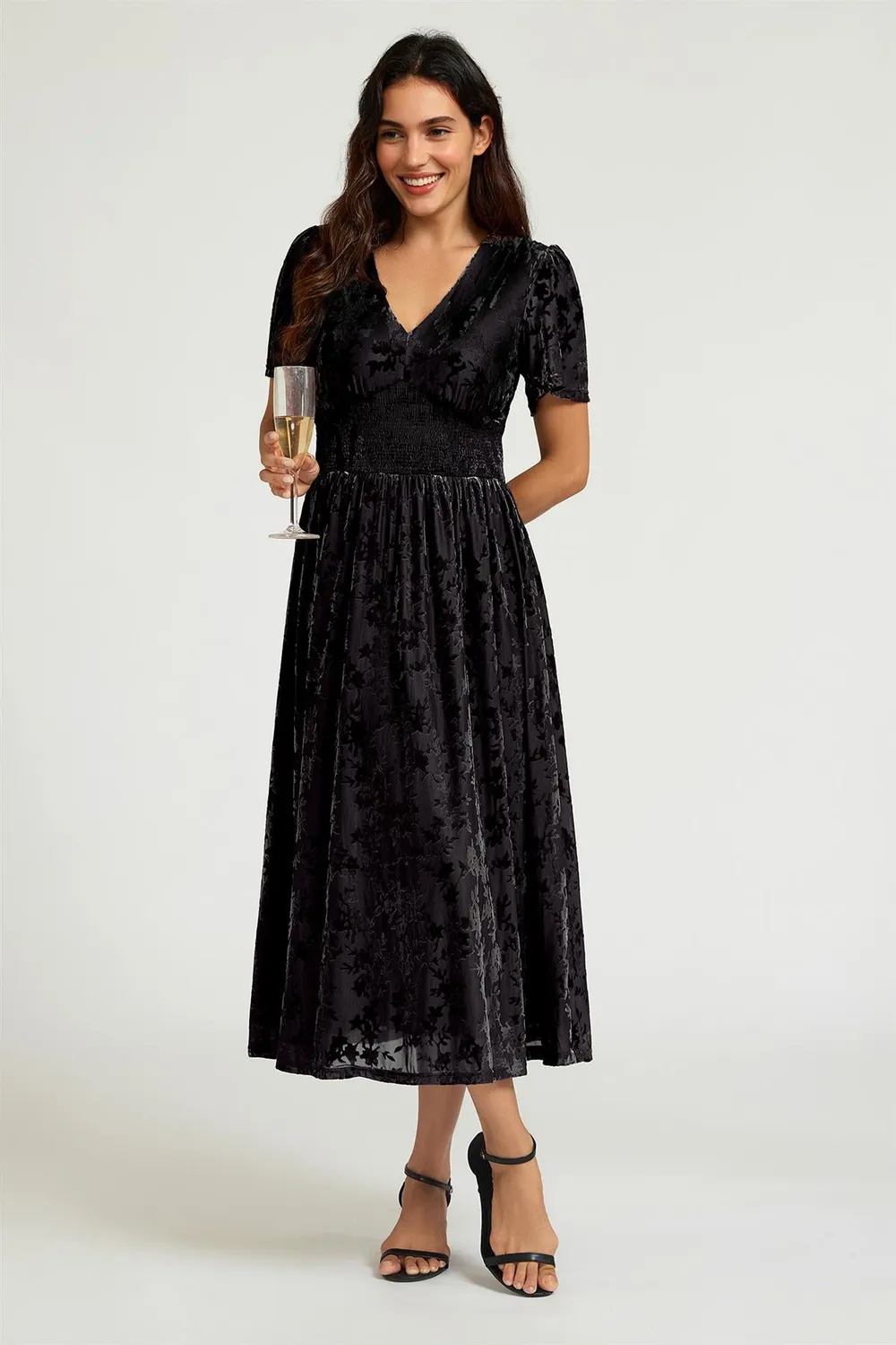 FS Collection Velvet Burnout abito nero midi scollo V