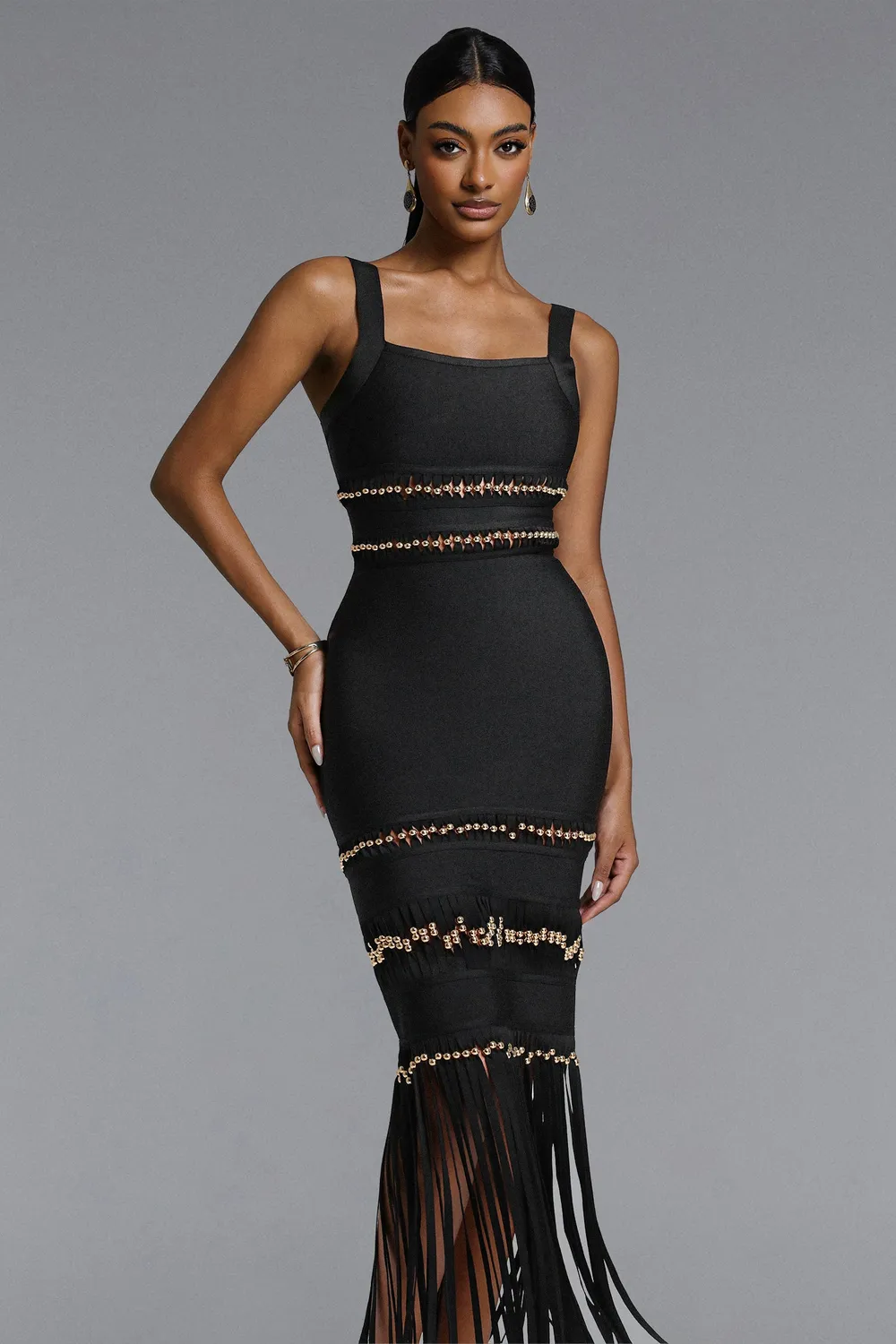 Goddiva Bella Barnett Shanley abito lungo nero L con frange
