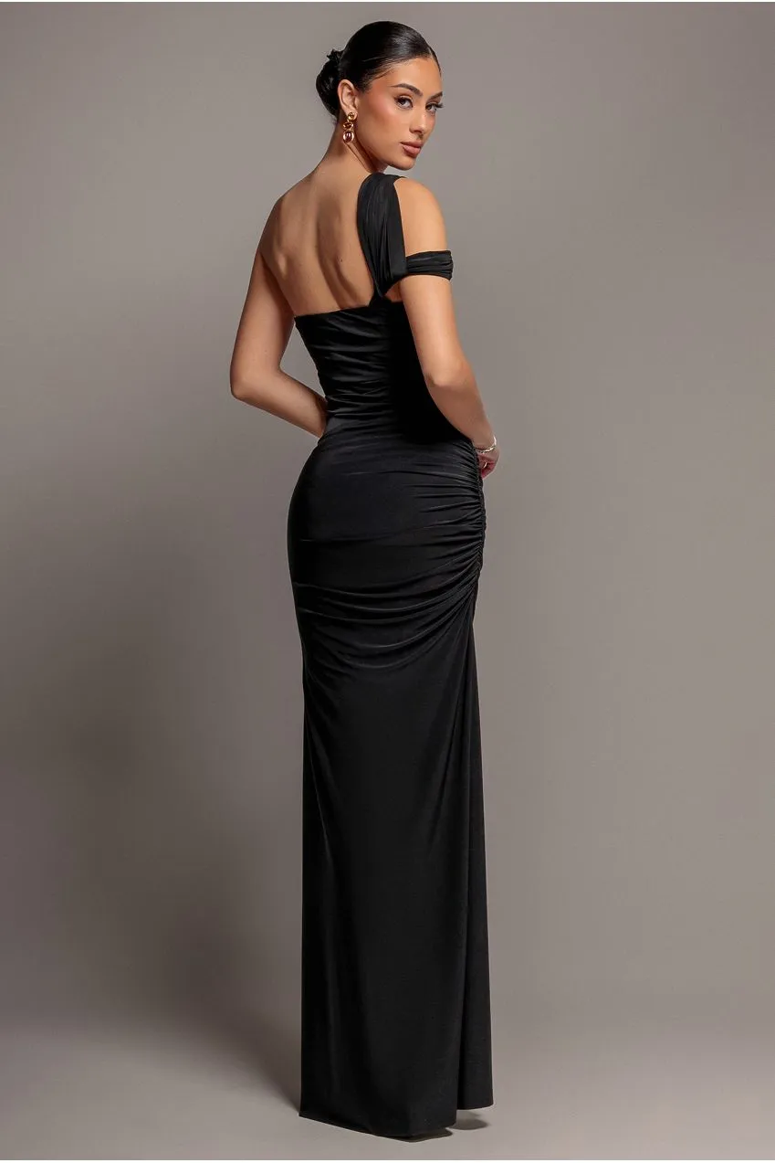 Goddiva DR5351 abito maxi monospalla nero drappeggiato