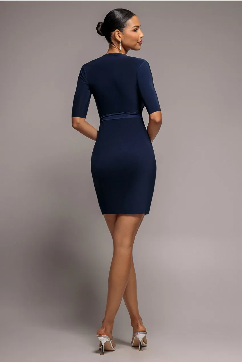 Goddiva Wrap abito mini blu notte maniche corte