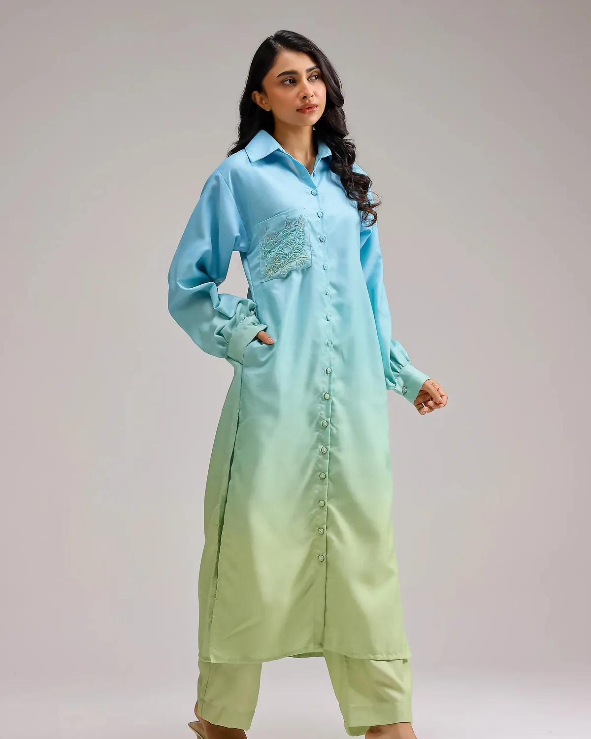 Our Dve Blush set kurta azzurro sfumato lino