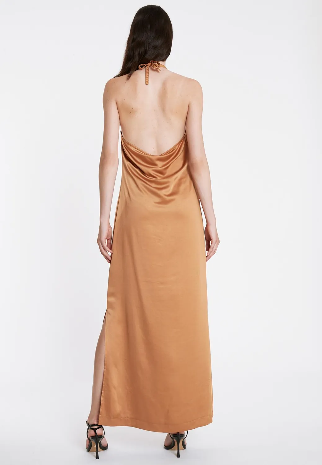 Ana Alcazar Pahamy abito lungo raso rame halter