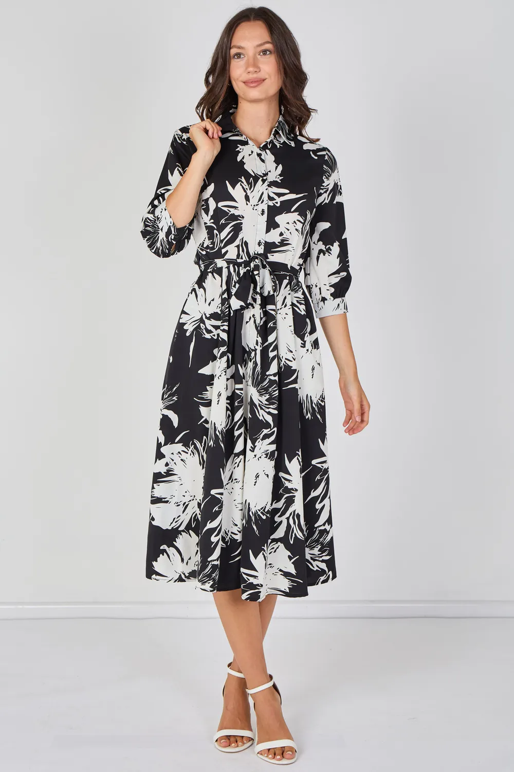 Love Sunshine Floral Midi abito camicia nero fantasia cintura