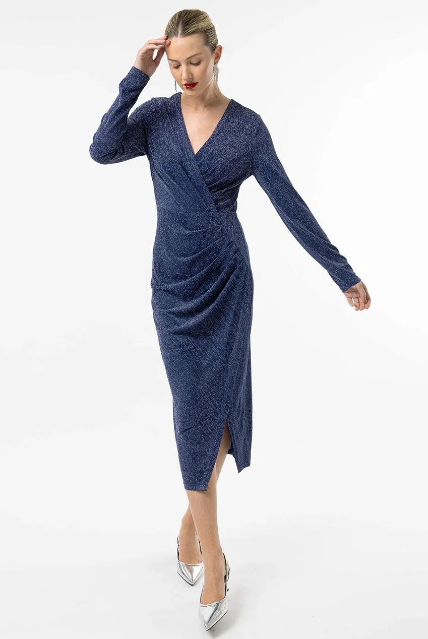 Angeleye Metallic Wrap abito midi blu argento