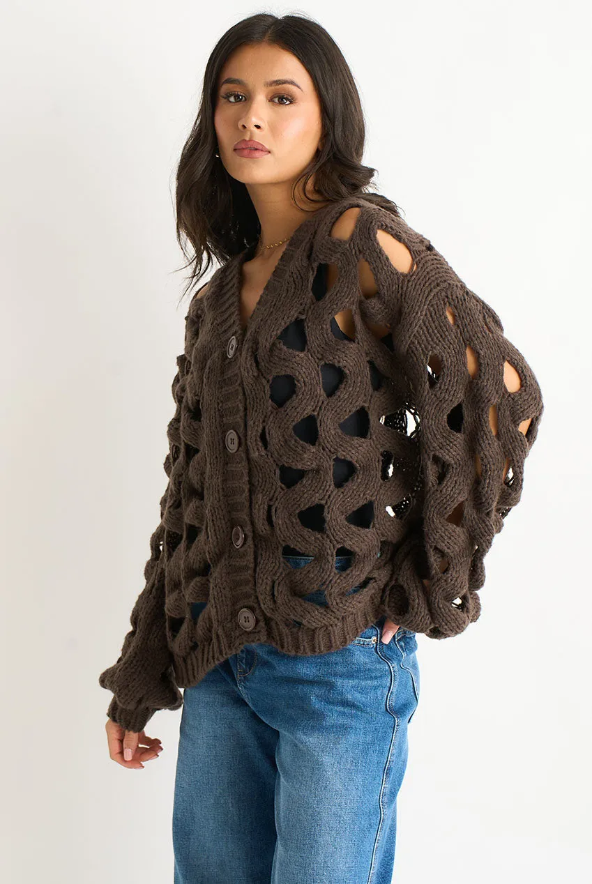 Gini London Hollow Chunky Knit cardigan cioccolato traforato