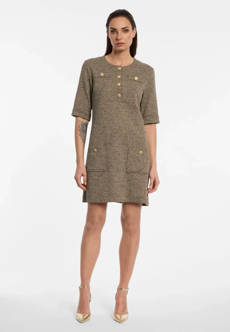 Ana Alcazar Pencil Dress abito tweed bottoni oro