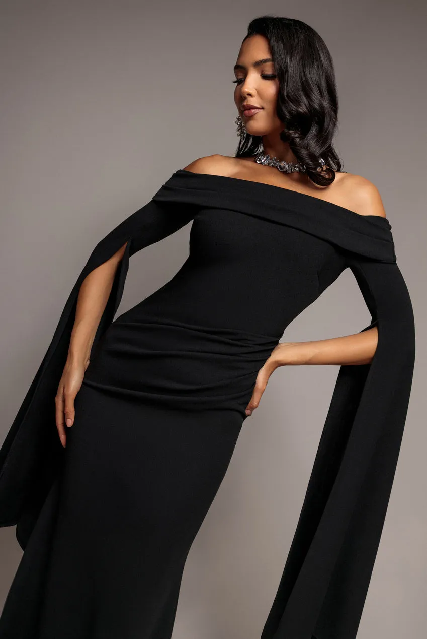 Goddiva Bardot Split Cape abito maxi nero spalle scoperte