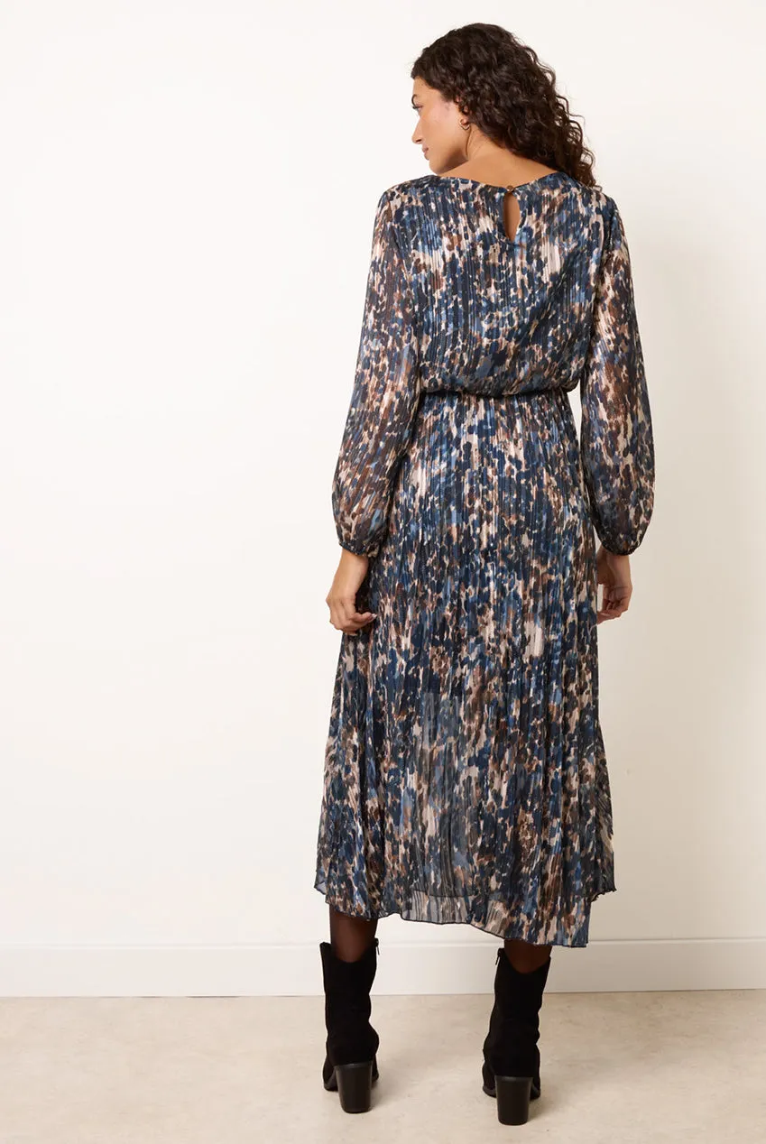Blue Vanilla Abito Midi Plissé Leopardato Navy