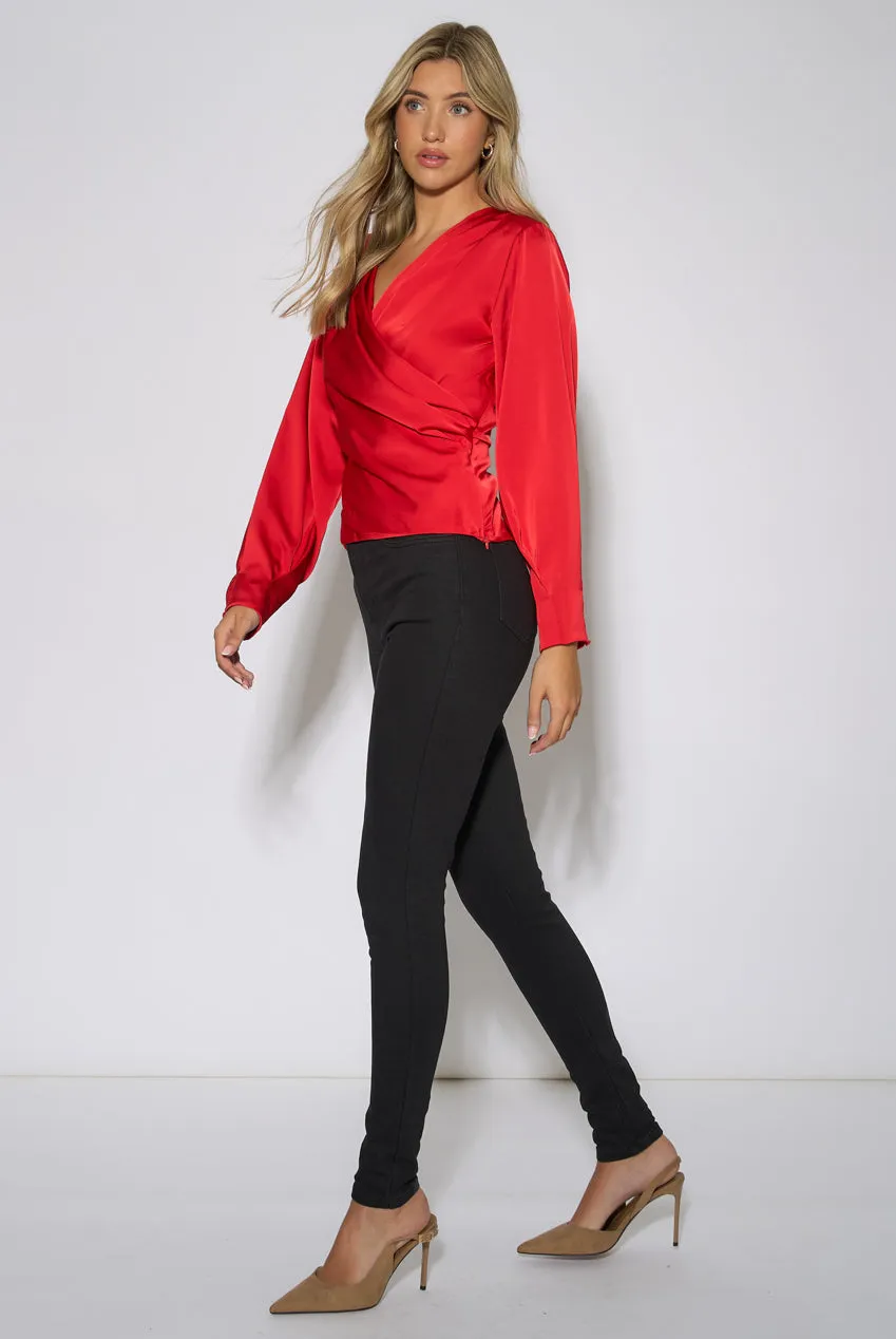 Gini London Pleat Shoulder top wrap satin rosso