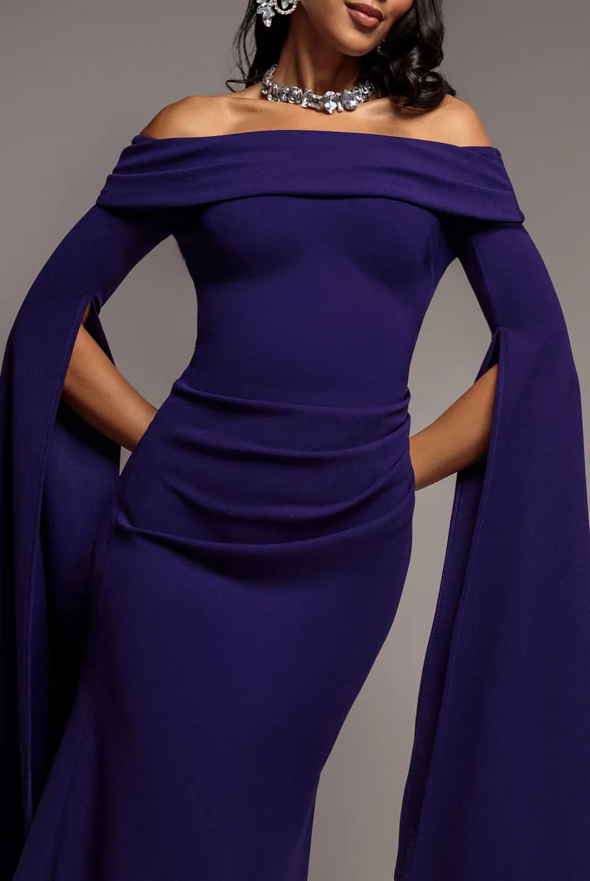 Goddiva Abito Maxi Bardot Viola Scuro con Mantella Sirena Scuba