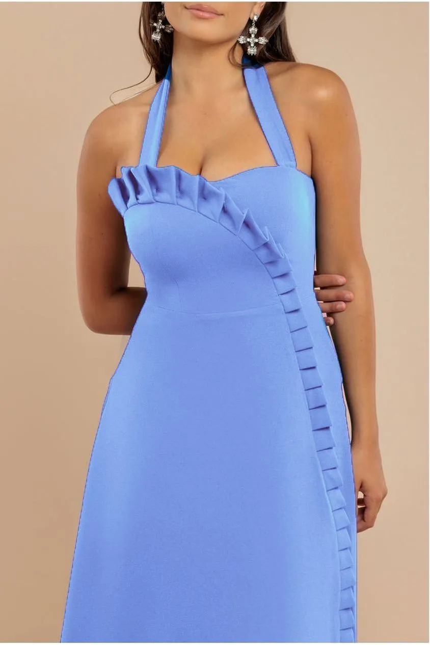 Goddiva Frilled Halter Neck Strap abito midi blu fiordaliso