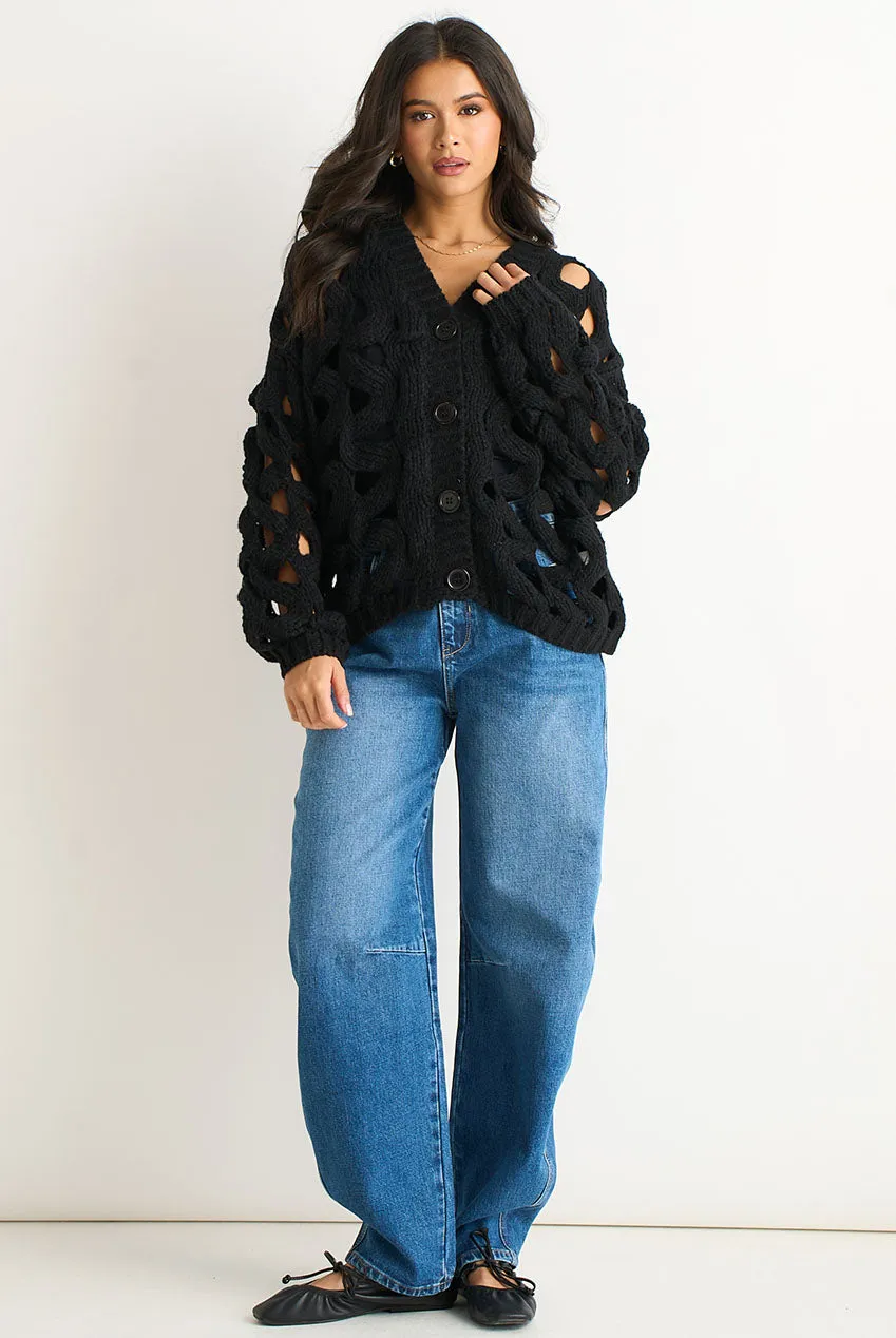 Gini London cardigan nero traforato chunky in maglia