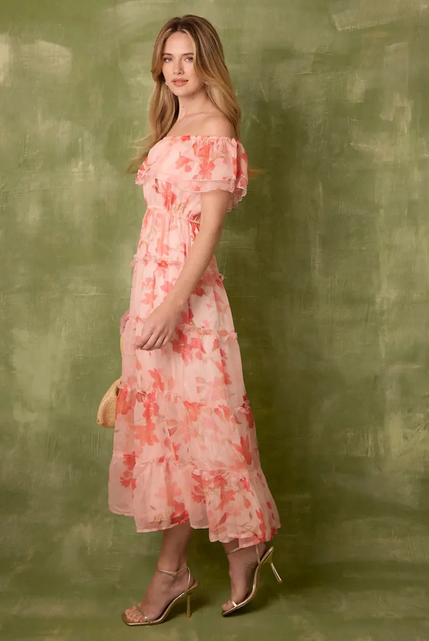 Blue Vanilla Off The Shoulder Maxi abito rosa floreale