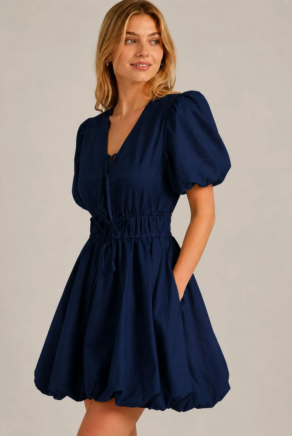 Avinci Puff Sleeve Tie Front abito mini blu navy ”, “vestibilità elasticizzata