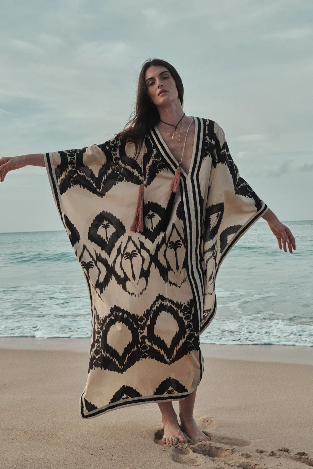Johanna Ortiz Wind Of Palms tunica midi ecru cotone