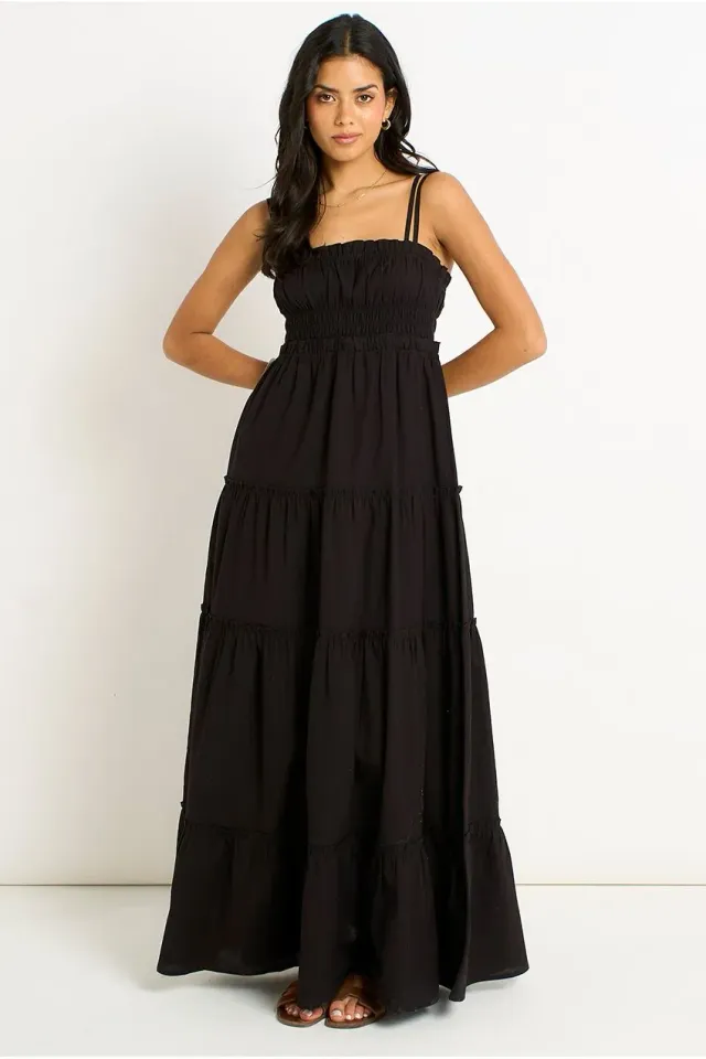 Gini London Shirred abito maxi nero in cotone