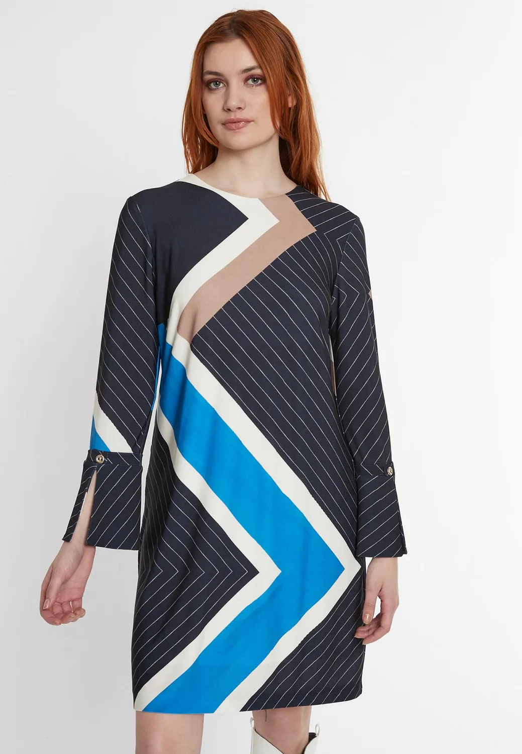Ana Alcazar Sufana abito ufficio zigzag beige blu