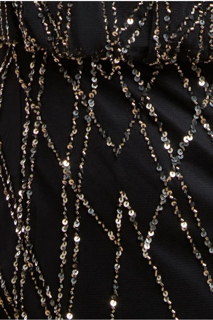 Goddiva Racer Neck abito maxi nero paillettes ricamato