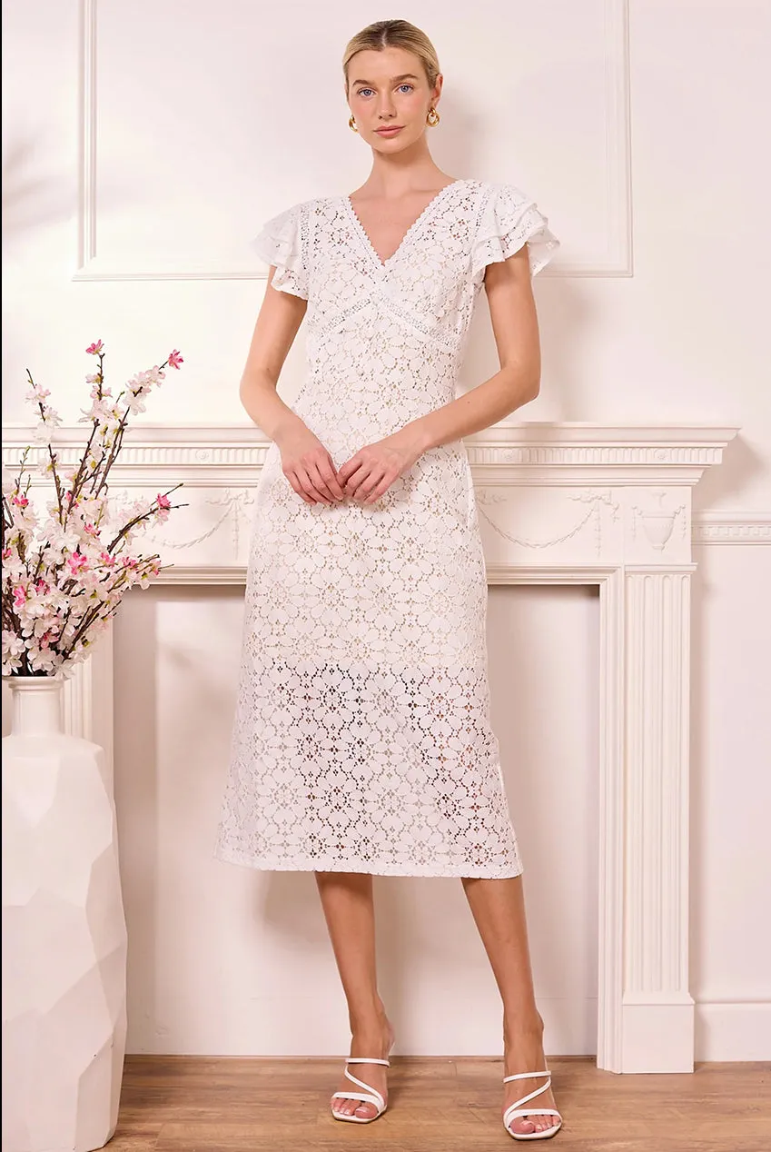 Angeleye abito midi bianco pizzo manica corta