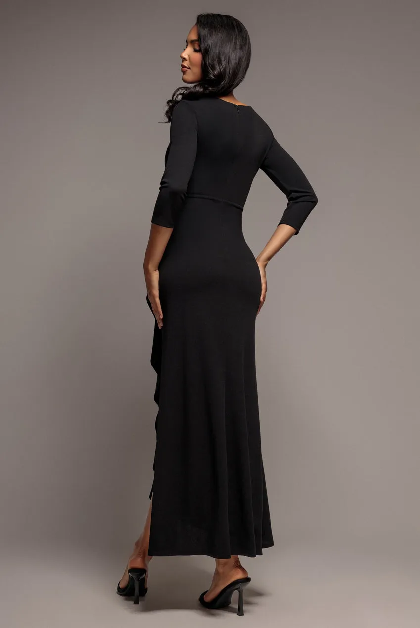 Goddiva Front Wrap Asymmetric abito maxi nero scuba
